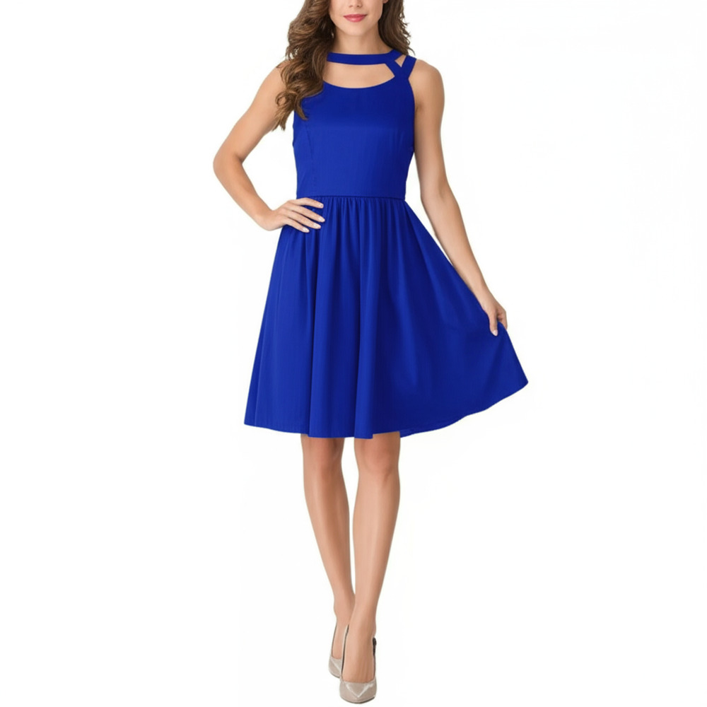 Lulu's Sleeveless Dress Large Royal Blue Cut-Out Neckline Flared Summer Resort‎